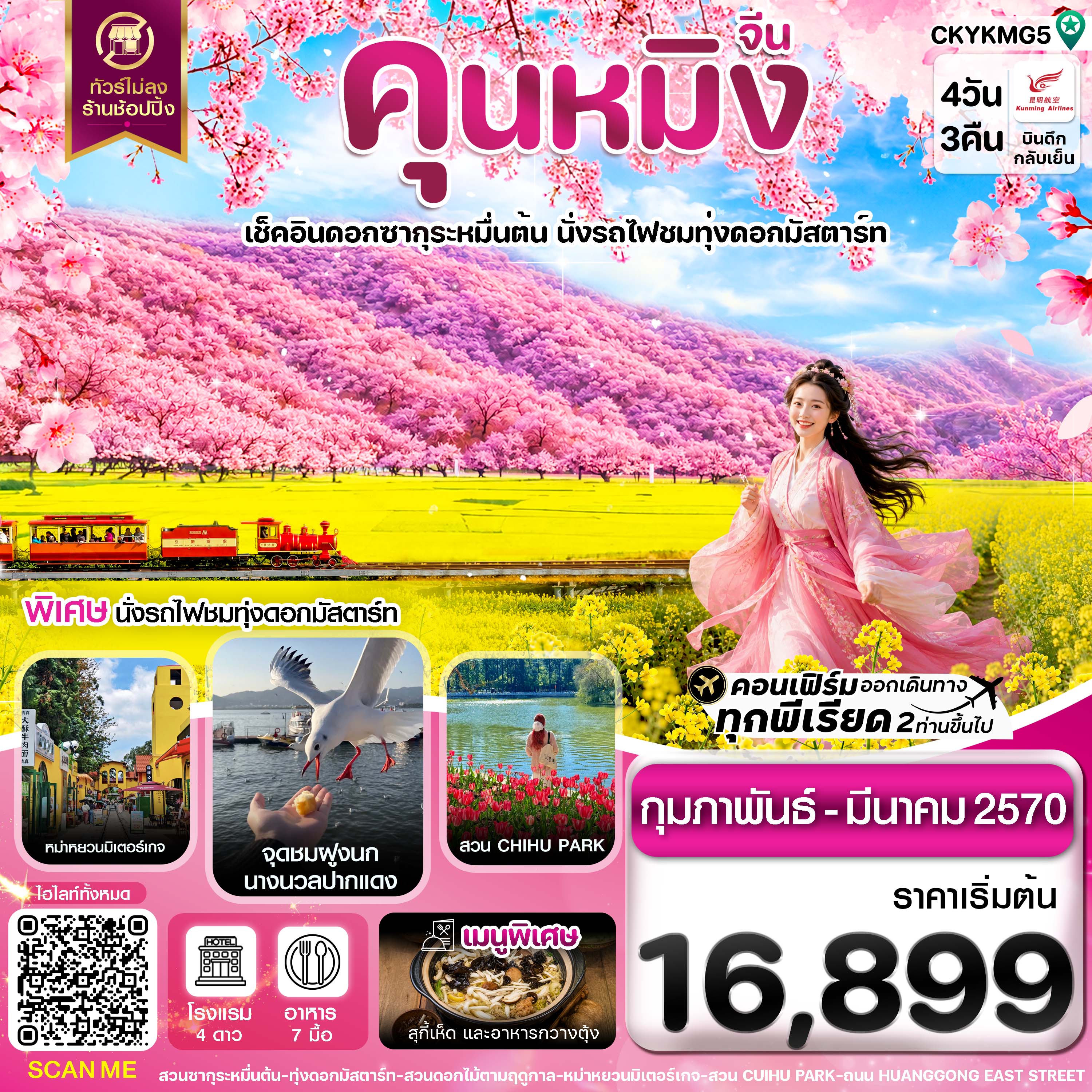 คุนหมิง อี้เหลียง โหลผิง สวนดอกไม้ ไม่ลงร้าน 4 วัน 3 คืน บิน KY