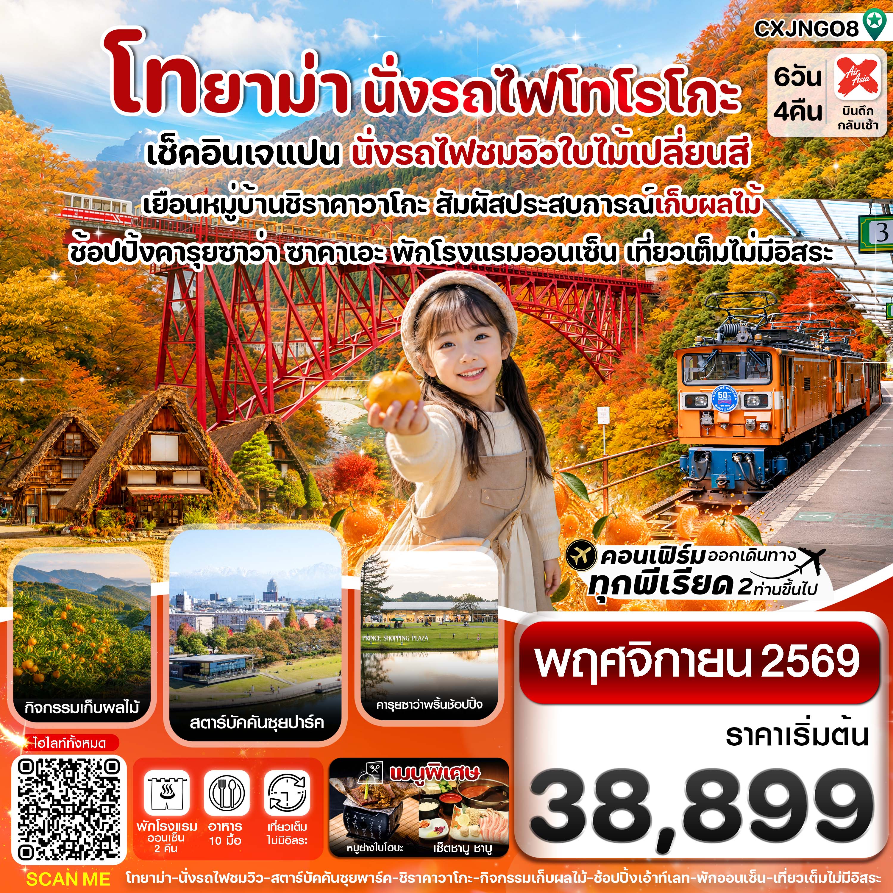 โทยาม่า นั่งรถไฟโทโรโกะ ชมวิวใบไม้เปลี่ยนสี 6วัน4คืน เที่ยวเต็มไม่มีอิสระ บิน XJ (NOV 26)